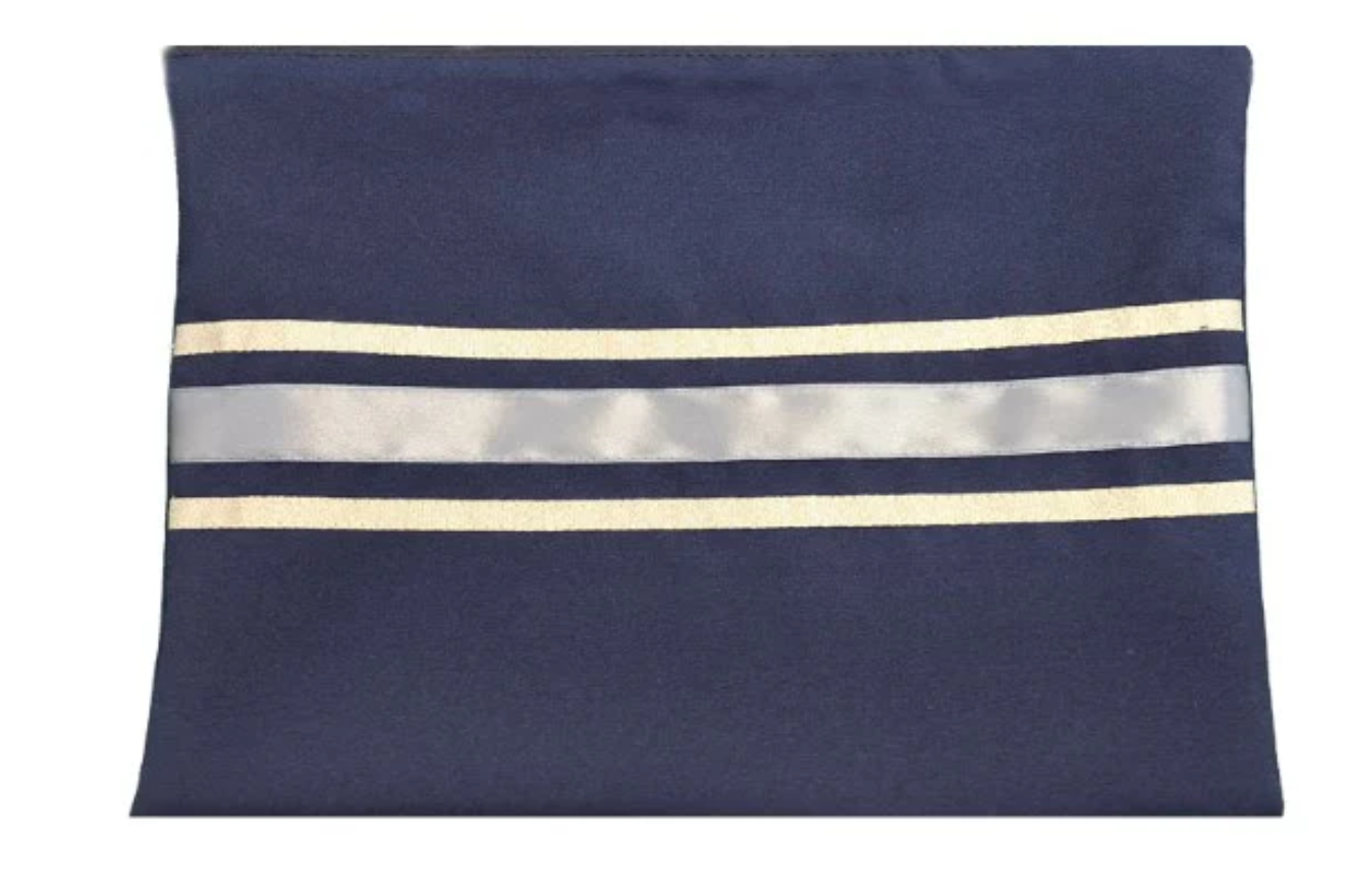 Navy blue pouch with reflective silver stripes on a white background