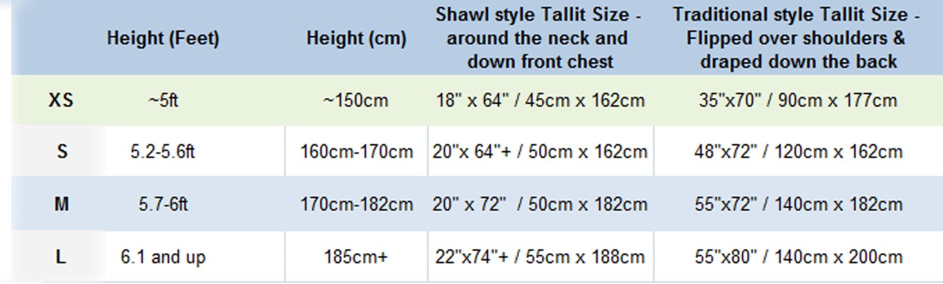 tallit size chart