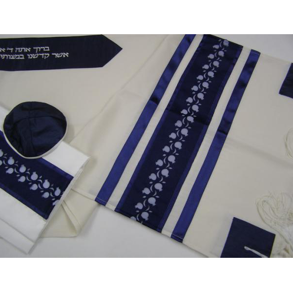 Blue Pomegranates Wool Tallit for men, bar mitzvah tallit set, modern tallit by Galilee silks