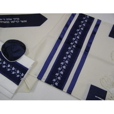 Blue Pomegranates Wool Tallit for men, bar mitzvah tallit set, modern tallit by Galilee silks