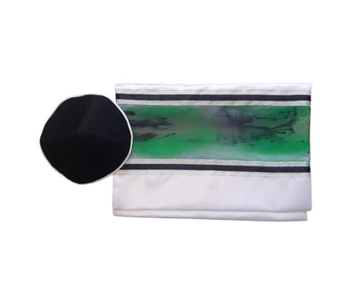 The Green Marble Hand Painted Silk on Wool Tallit, Bar Mitzva Tallit bag and kippah, Tzitzit, Jewish Prayer Shawl