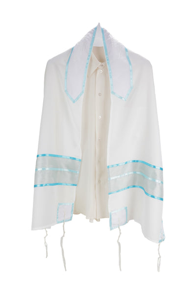 Sheer Tallit for Women with Teal Colored Elements, Bat Mitzvah Tallit set, Girl Tallit