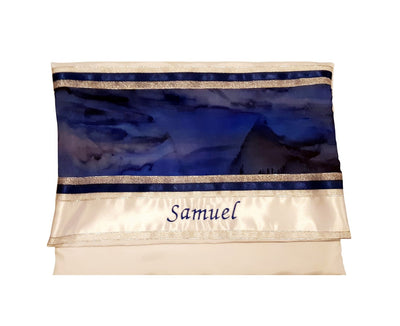 Moon Surface & Sea Hand Painted Silk on Wool Tallit, Bar Mitzva Tallit, Tzitzit bag name