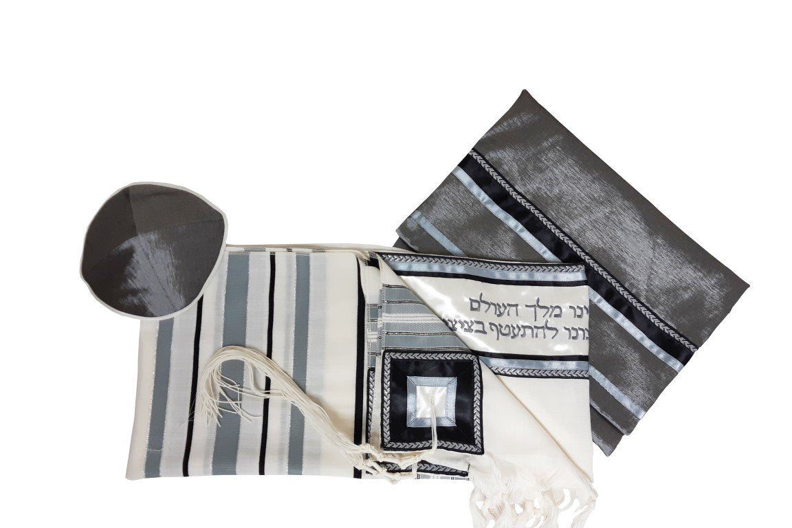 Classic Large Wool Tallit With Gray & Black Strips, Tzitzit Bar Mitzvah Tallit Set, Hebrew Prayer Shawl, Wedding Tallit, Jewish Prayer Shawl, Contemporary Tallit set