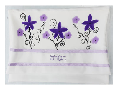 purple flowers silk tallit with name, personalized tallit set